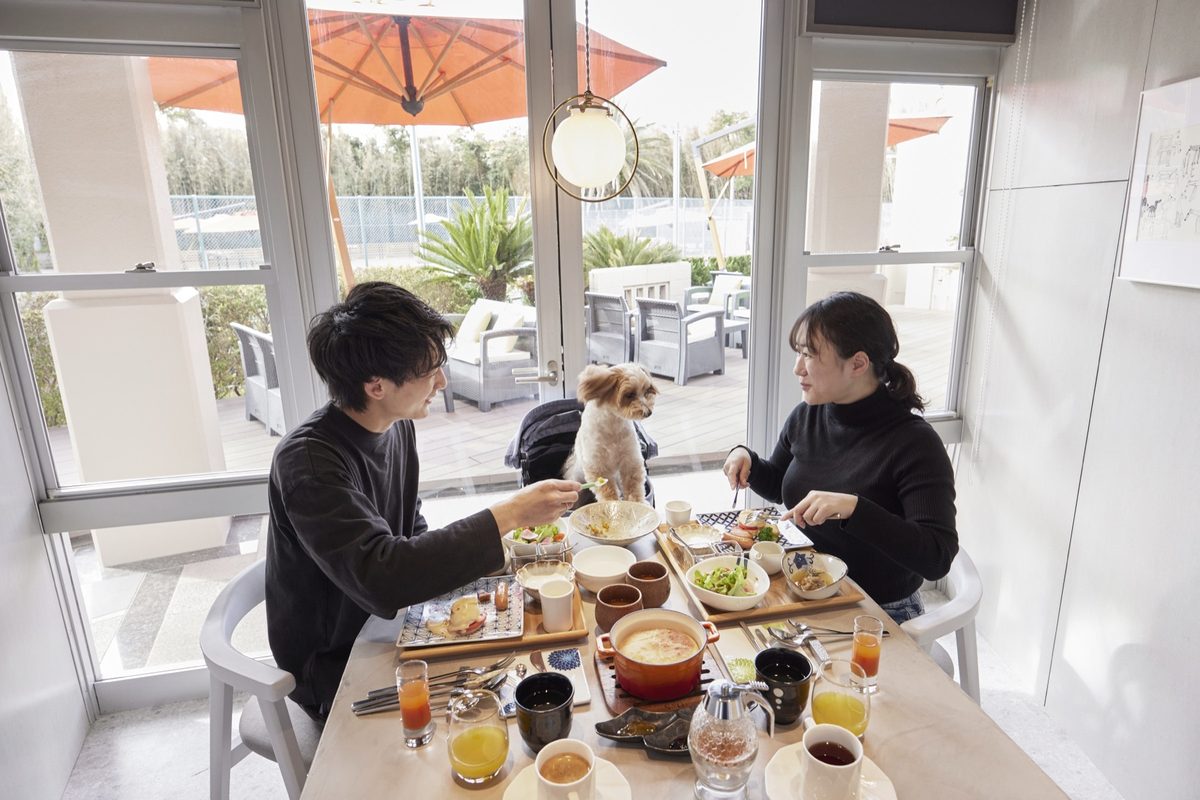 A breakfast table shared with a dog
